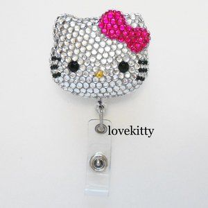 Fuchsia Hello Kitty Inspired Blinged Rhinestone Retractable ID Badge Reel Holder